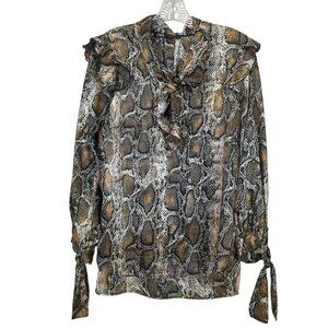 Zara Women's Snake Print Ruffled Career Blouse Size S With Tie Neck Long Sleeves
